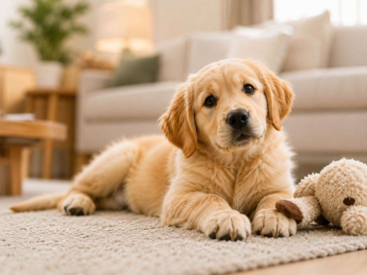 Golden retriever puppy resting indoors