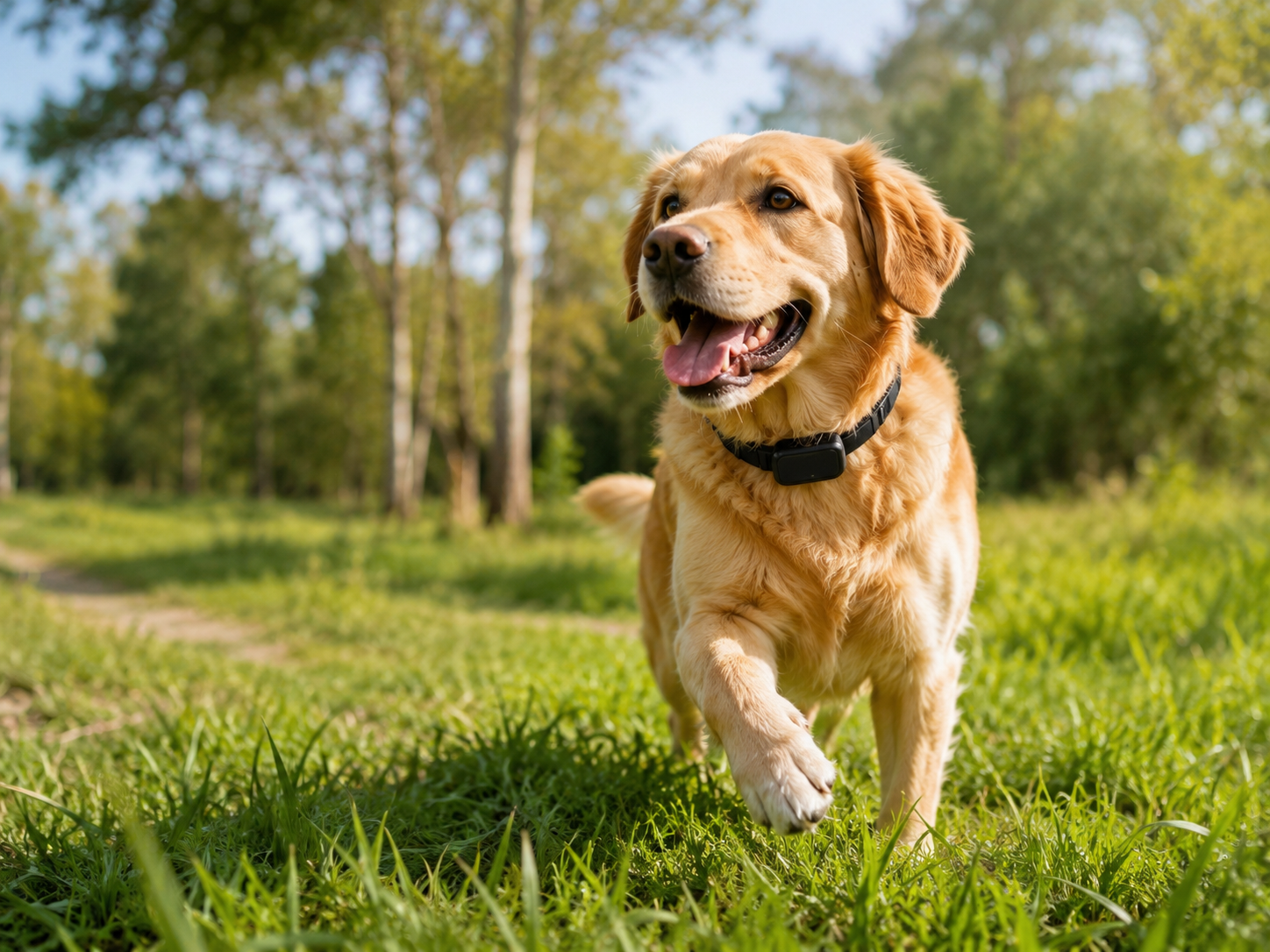 Golden retriever with a GPS collar outdoors